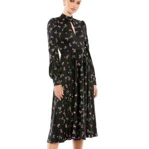 MAC DUGGAL LONG SLEEVE KEYHOLE FIT & FLARE BLACK FLORAL MIDI DRESS sz 6